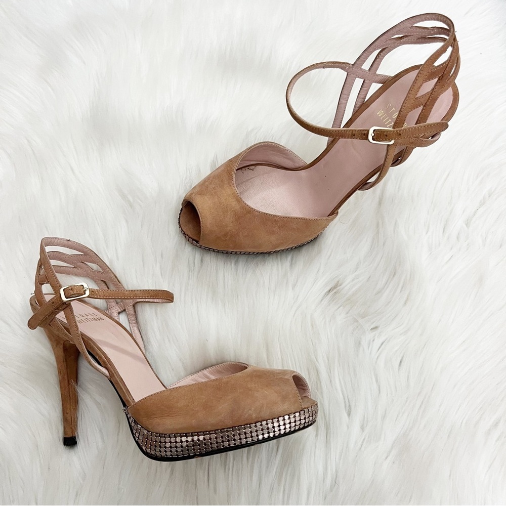 Stuart Weitzman Tan Suede Peep Toe Embellished Heels